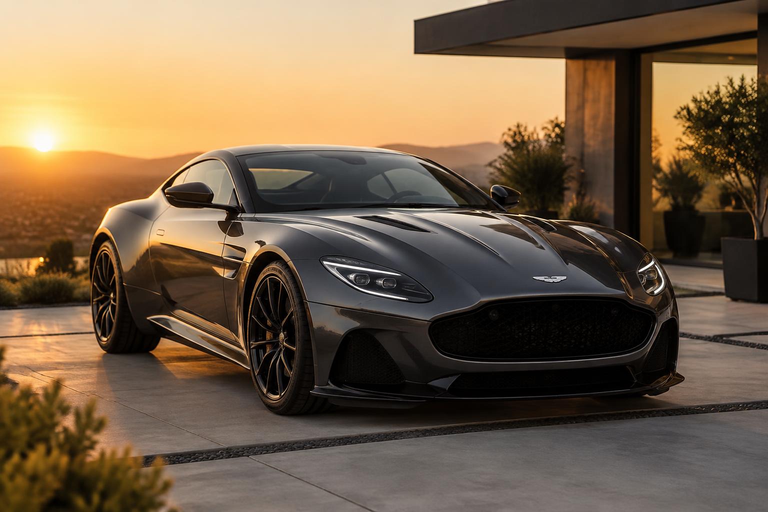 A luxury sports car parked outside a modern home at sunset